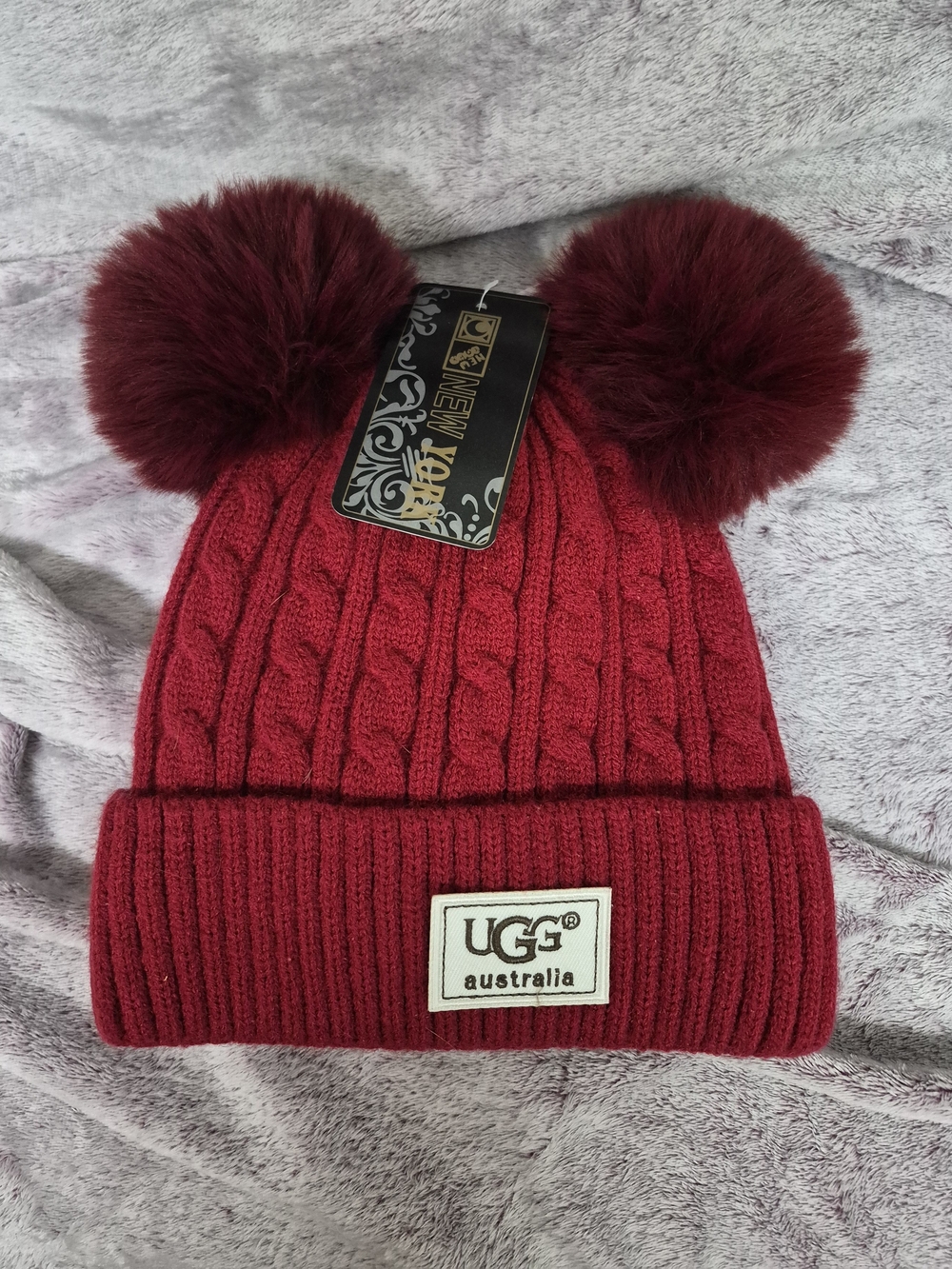 UGG Double Pom Cable Knit Beanie - Wine